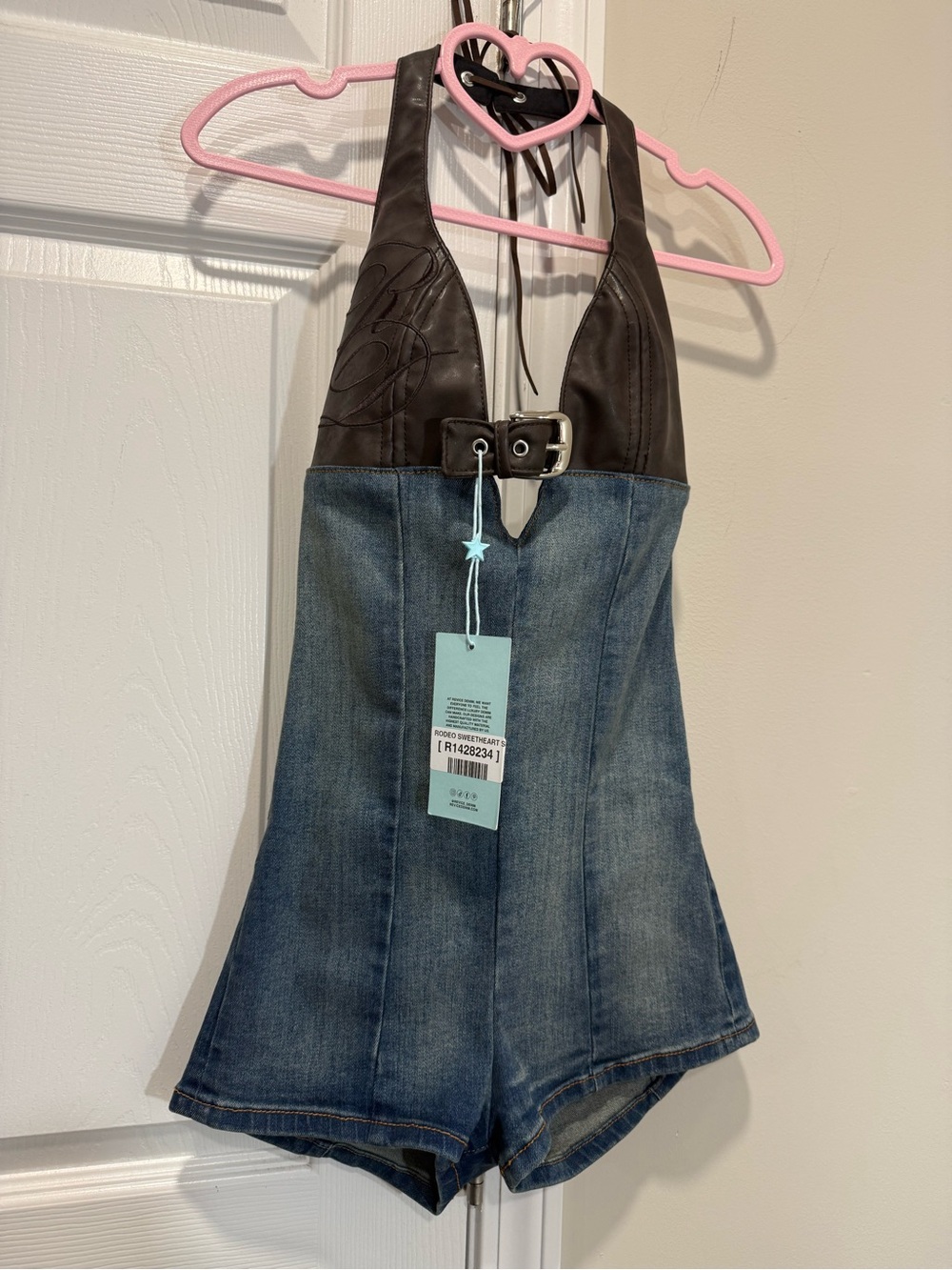 REVICE Blue Denim Romper with Brown Faux-Leather Halter